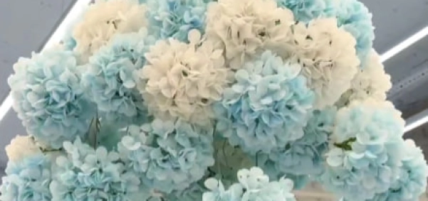 Detailed light blue and white artificial hydrangea flowers crafted from thin foamiran material