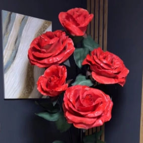 Large stem-mounted red decorative roses handcrafted from flexible EVA foam sheets